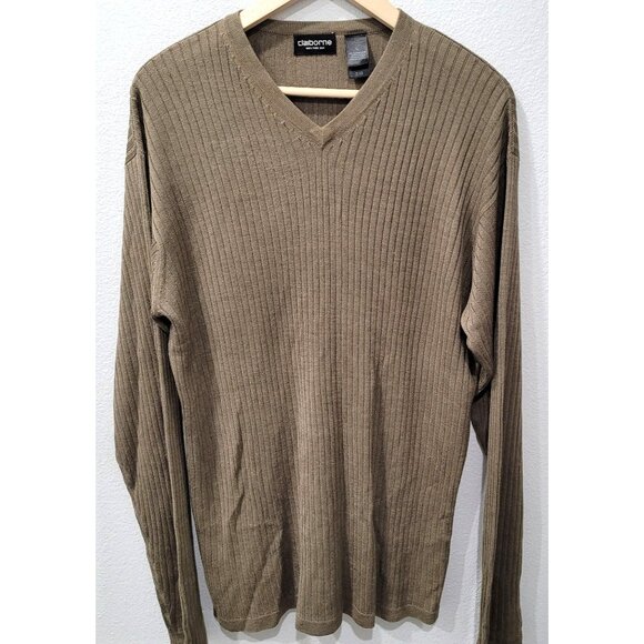 Men's Claiborne V-Neck Pure Silk Pull Over Ribbed Knit Sweater Burnt Sand Size L - Picture 1 of 8